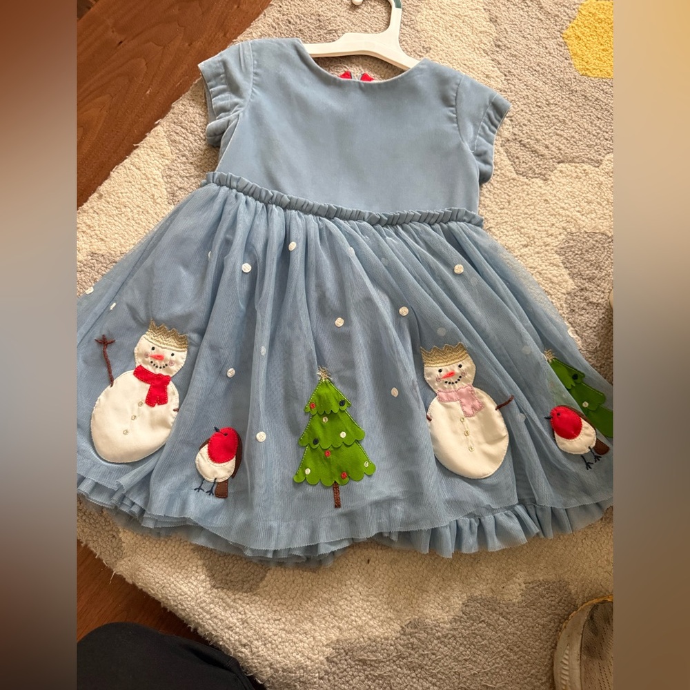 Mini Boden Winter Holiday Blue Dress with Festive Embroidery